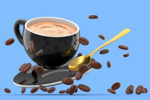 Ceramic coffee cup with coffee beans for americano, espresso, latte on blue Illustrazione stock