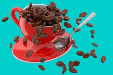 Ceramic coffee cup with coffee beans for americano, espresso, latte on green Illustrazione stock
