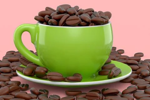 Ceramic coffee cup with coffee beans for americano, espresso, latte on pink Illustrazione stock