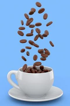 Ceramic coffee cup with coffee beans for americano, espresso, latte on blue Illustrazione stock