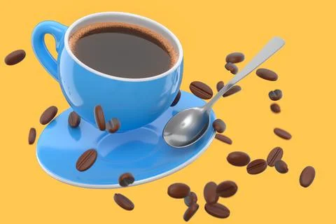 Ceramic coffee cup with coffee beans for americano, espresso, latte on yellow 스톡 일러스트