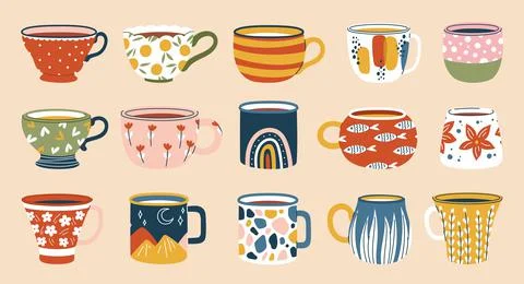 Ceramic coffee cups and tea mugs, kitchen crockery Stock Illustration