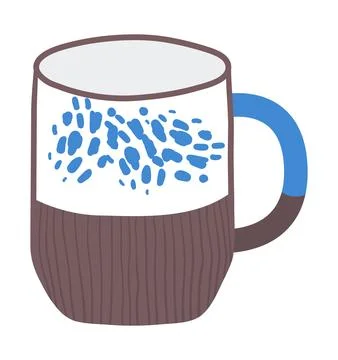 Ceramic coffee mug with blue splash design, brown texture, blue handle. Modern Illustration