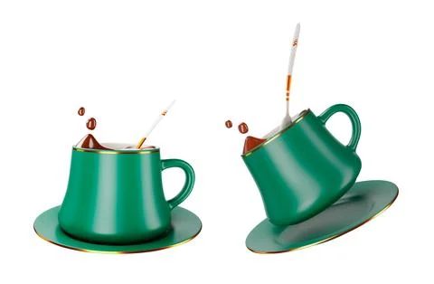 Ceramic coffee or tea cup with green saucer, Espresso Cappuccino coffee mug.. Illustrazione stock