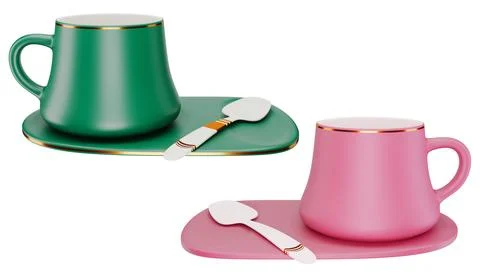 Ceramic coffee or tea cup with pink and green saucer, Espresso Cappuccino m.. Illustrazione stock