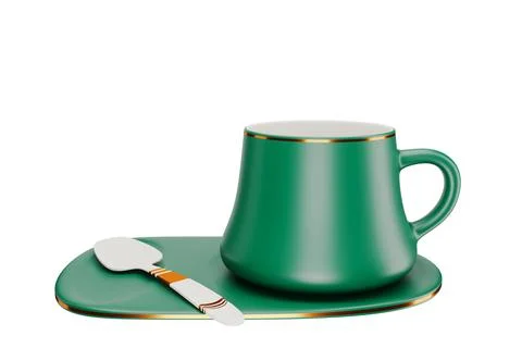 Ceramic coffee or tea cup with green saucer, Espresso Cappuccino coffee mug.. Stock Photos