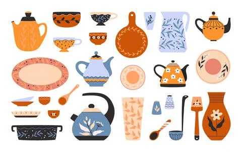 Ceramic crockery. Kitchen cooking tableware. Kettle and jug. Porcelain cup and Stock-Illustration