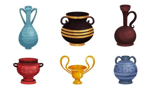 Ceramic Crockery Vector Illustrations Set. Ancient Clay Jars and Vases. Stock Illustration