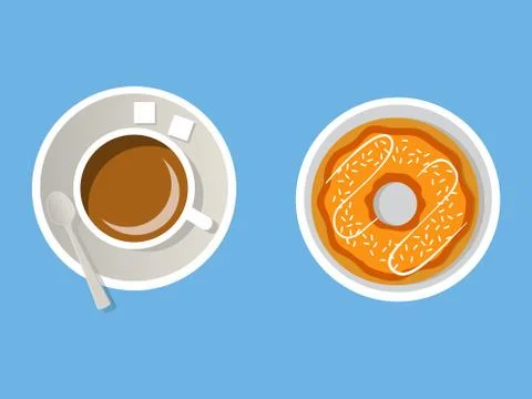 Ceramic cup with coffee with sugar a spoon tea on a saucer and a dessert donu Stock Illustration