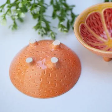 Ceramic cup in the form of half a grapefruit. Stock Photos