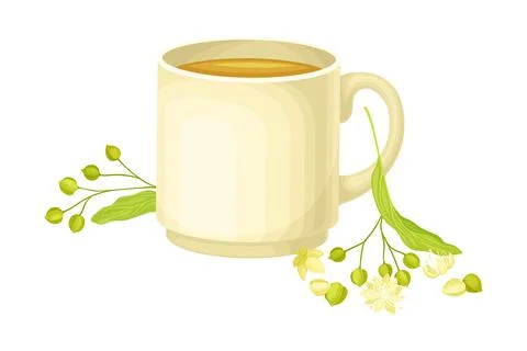 Ceramic Cup with Hot Lime Tea and Small-leaved Linden or Tilia Cordata Blossom Stock Illustration