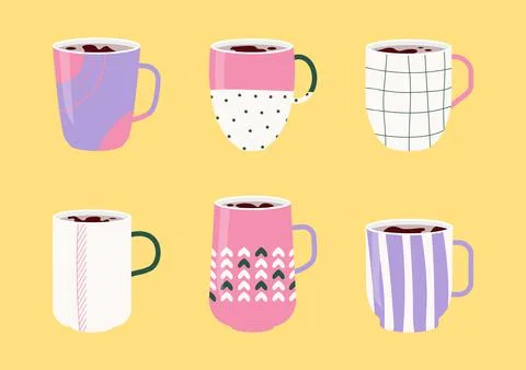 Ceramic cup hot tea coffee art ornament set vector Stock Illustration