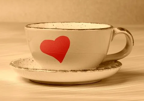 Ceramic cup with painted red heart in beige toning. Morning coffee or tea w.. Stock Photos