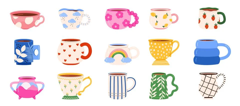 Ceramic cups for hot tea and coffee with different patterns set, colorful Stock Illustration