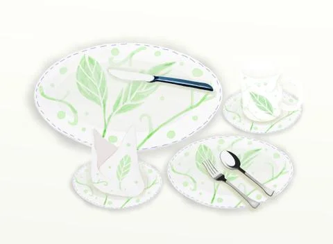 Ceramic dish Set with Green leaf pattern 스톡 일러스트