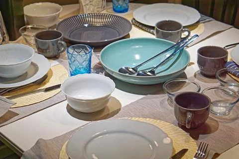 Ceramic dishes table setup Stock Photos