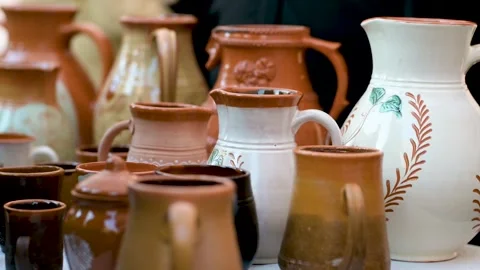 Ceramic dishes, tableware and jugs. Kaziukas, Easter market. Vilnius. Lithuania. Stock Footage 270997400