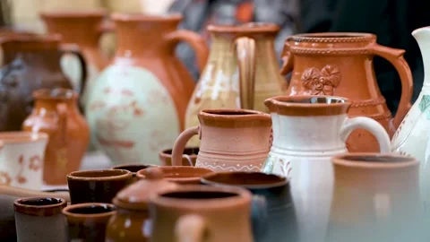 Ceramic dishes, tableware and jugs. Kaziukas, Easter market. Vilnius. Lithuania. Stock-Footage 278120068