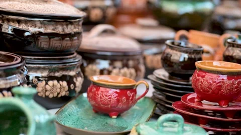 Ceramic dishes, tableware and jugs. Kaziukas, Easter market. Vilnius. Lithuania. Stock-Footage 279122379