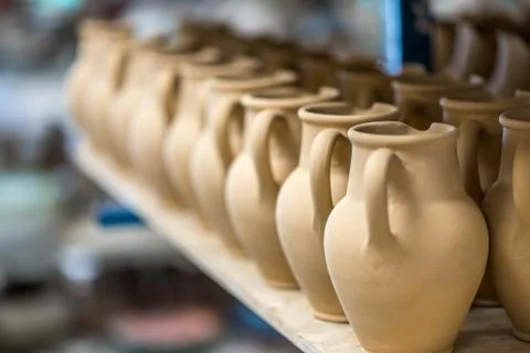 Ceramic dishware in pottery workshop 스톡 사진