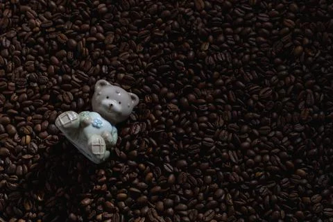 Ceramic figurine of a bear on a background of coffee beans Stock Photos