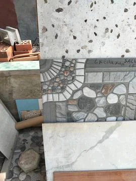 Ceramic floor tile display in a building material showroom, highlighting premium Stock Photos