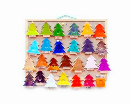 Ceramic glaze color samples on a small clay fir trees Stock Photos