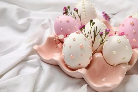 Ceramic holder, flowers and Easter eggs decorated with pearls on white fabric Stock Photos