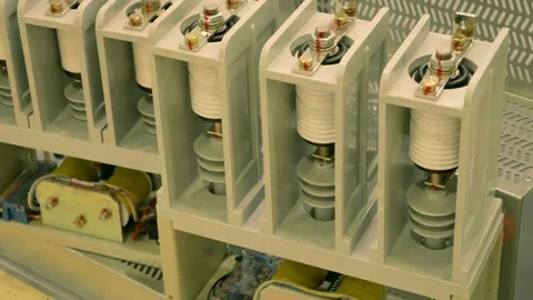 Ceramic insulators and transformers in high-voltage equipment Stock Footage 333395395