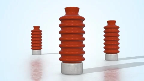 Ceramic Insulators on a Light Reflective Floor. Electrical Insulators 3D. 4K Stock Footage 306122862