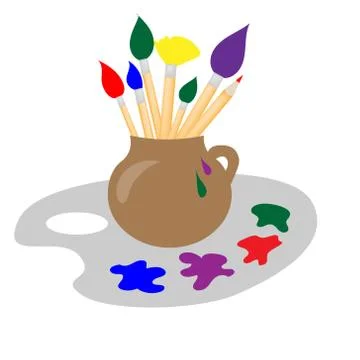 Ceramic jug with multi-colored tassels and a palette with paints for painting Stock Illustration