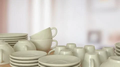 The Ceramic kitchen ware on wood table for food concept 3d Rendering. Stock Illustration