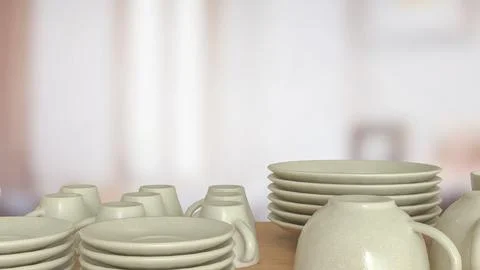 The Ceramic kitchen ware on wood table for food concept 3d Rendering. Stock Photos