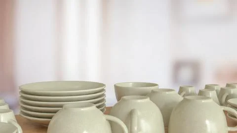 The Ceramic kitchen ware on wood table for food concept 3d Rendering. Stock Photos