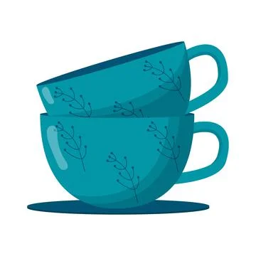 Ceramic kitchenware. Cute handmade ceramic mugs. Kitchen tools, pottery. Flat Stock Illustration