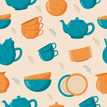 Ceramic kitchenware seamless pattern. Cute handmade ceramic plates, mugs, sugar Stock Illustration