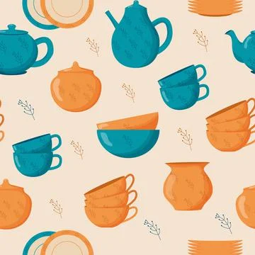 Ceramic kitchenware seamless pattern. Cute handmade ceramic plates, mugs, sugar Stock Illustration
