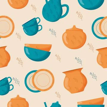 Ceramic kitchenware seamless pattern. Cute handmade ceramic plates, mugs, sugar Stock Illustration