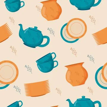Ceramic kitchenware seamless pattern. Cute handmade ceramic plates, mugs, sugar Stock Illustration