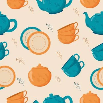 Ceramic kitchenware seamless pattern. Cute handmade ceramic plates, mugs, sugar Stock Illustration