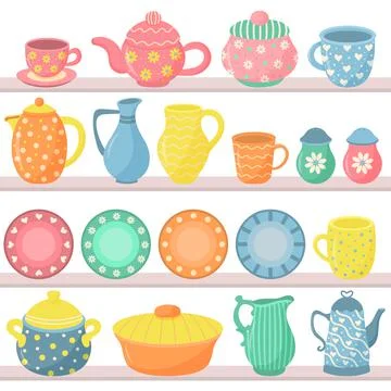 Ceramic kitchenware set on the shelves. Beautiful decorative handmade ceramics. Stock Illustration
