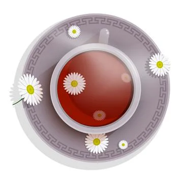 Ceramic mug, cup of hot chamomile flower tea on saucer and light steam over c Ilustração Stock