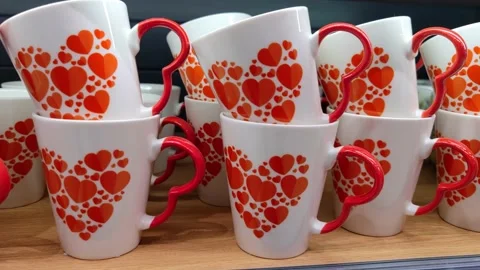 Ceramic mug, white glass with a pattern, heart pattern as a gift to a loved one Stock Footage 164821378