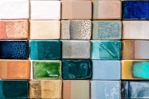 Ceramic multicolor tiles top view. Grunge geometric texture for decoration de 写真素材
