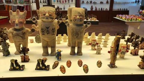 Ceramic objects and souvenirs in an art shop near Cusco, Peru. Stock Footage 288764363
