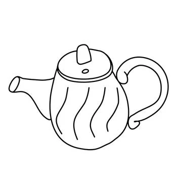 Ceramic or porcelain tea pot, doodle style flat vector outline for kids coloring Stock Illustration