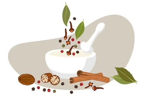 Ceramic or stone Mortar and pestle with speces. Organic product flat. Flavor Illustrazione stock