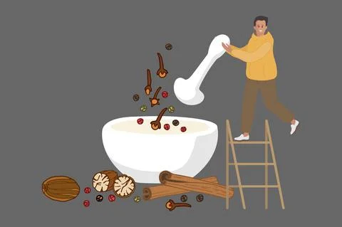Ceramic or stone Mortar and pestle with speces. Tiny man holding pestle. Flavor Stock Illustration
