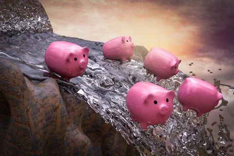 Ceramic pigs fall from a waterfall at sunset magenta day demonstrating saving Illustrazione stock