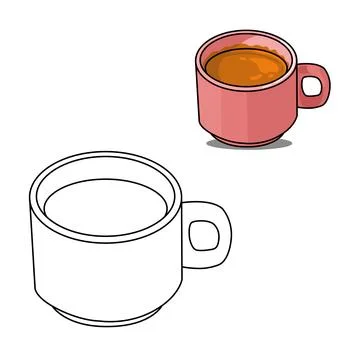 A ceramic pink color cup of coffee milk issolated on white coloring page Ilustração Stock